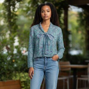 Vintage Blue Paisley Blouse Big Bow at Neck